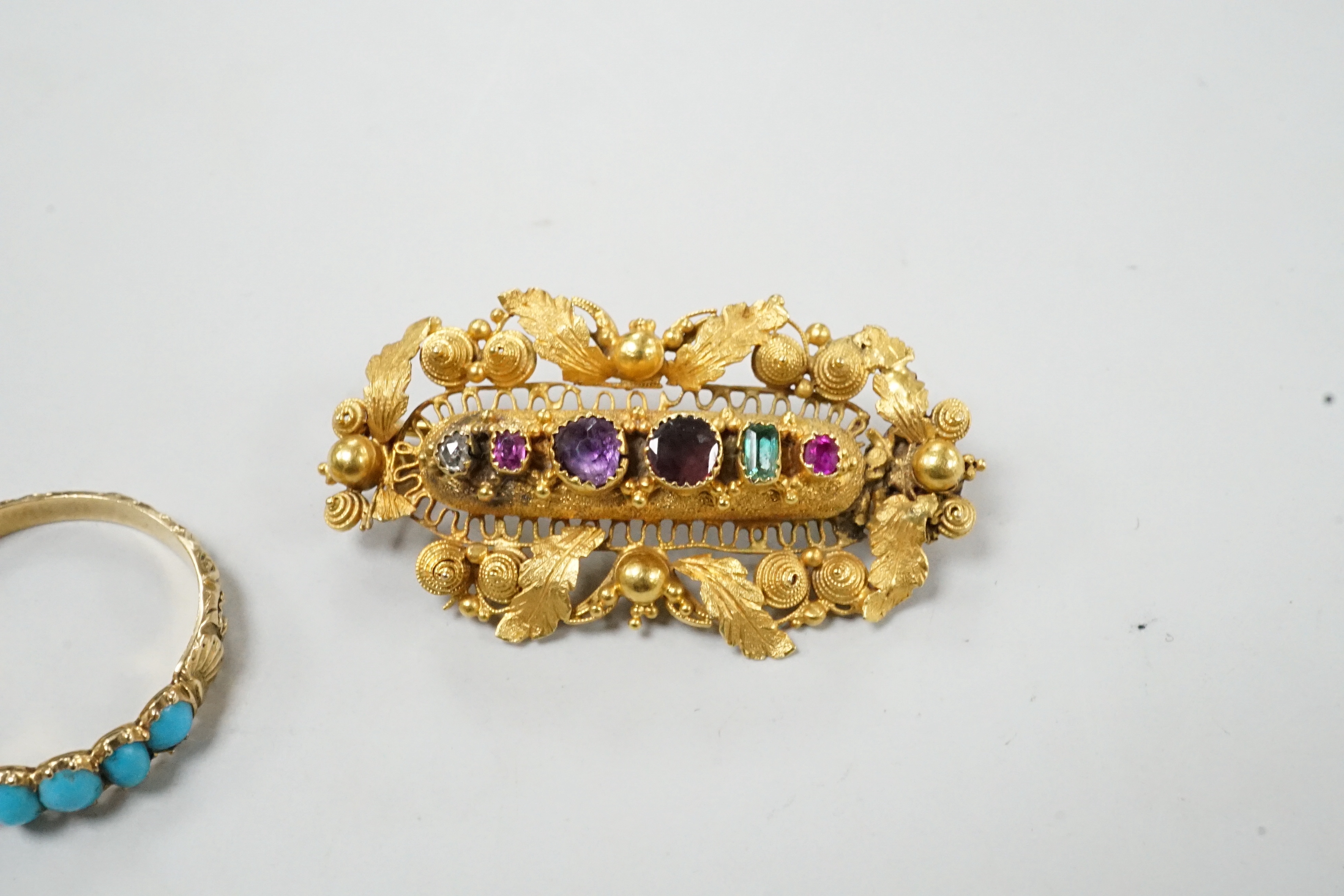 A Victorian yellow metal and gem set 'Regard' brooch, 36mm and a yellow metal and turquoise set half hoop ring (stone missing), gross weight 6.1 grams.